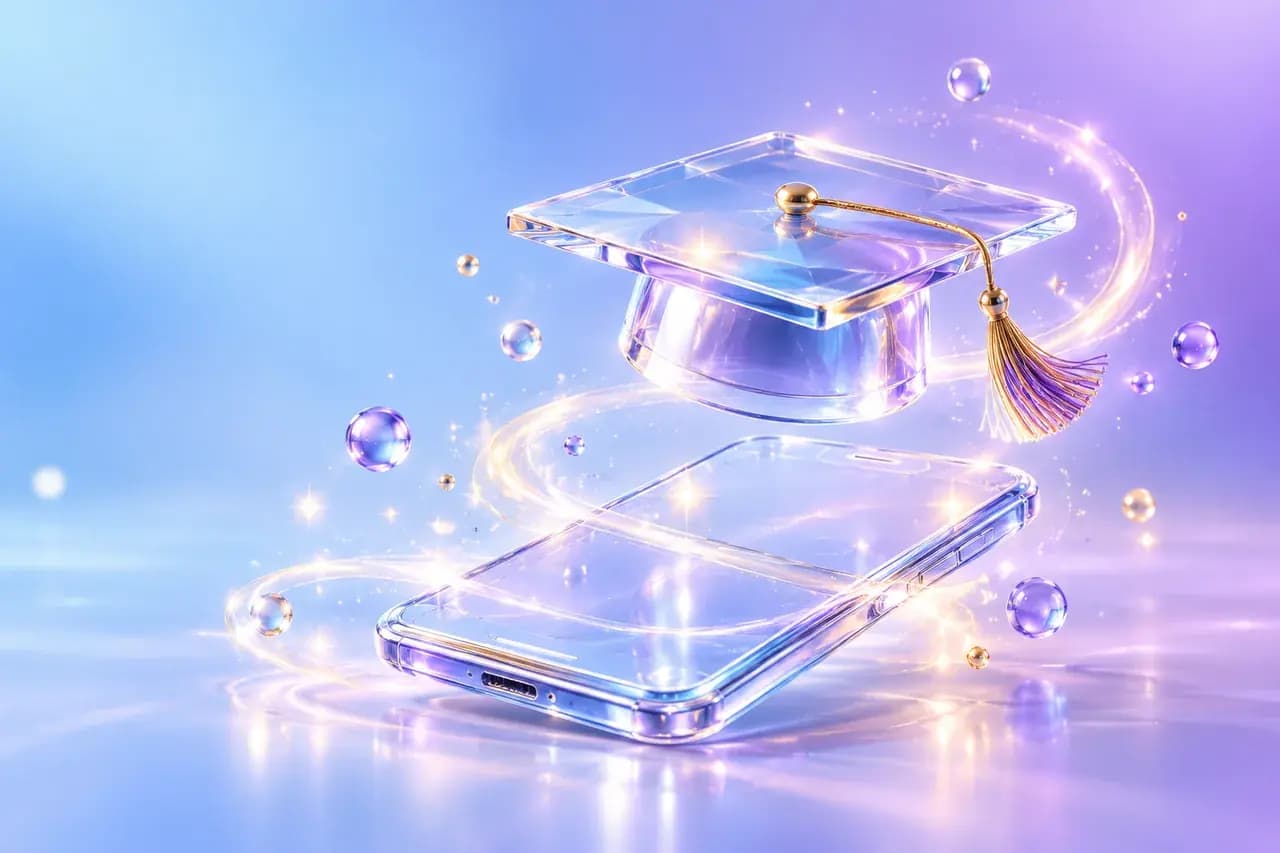 玻璃学士帽悬浮在透明手机上方，象征学生优惠认证