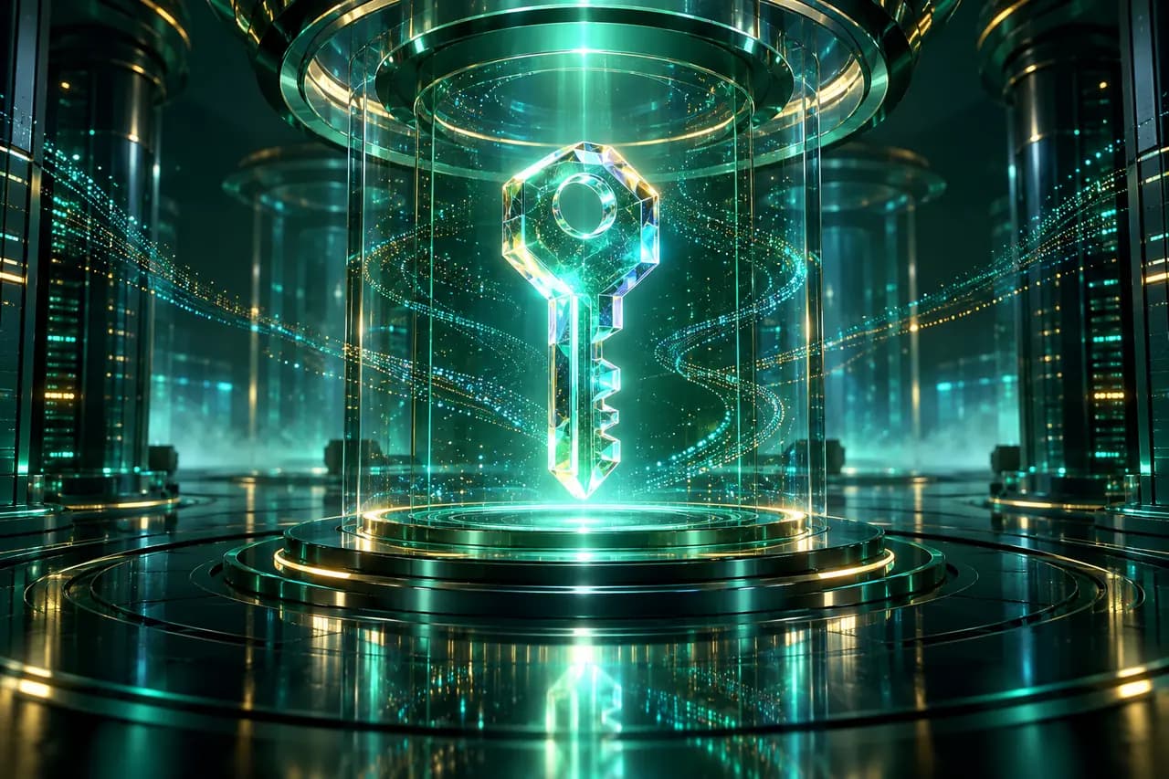 深绿色服务器光环中悬浮透明 API 密钥棱镜与代码粒子，象征 Google AI Pro 和 Gemini API 的区别