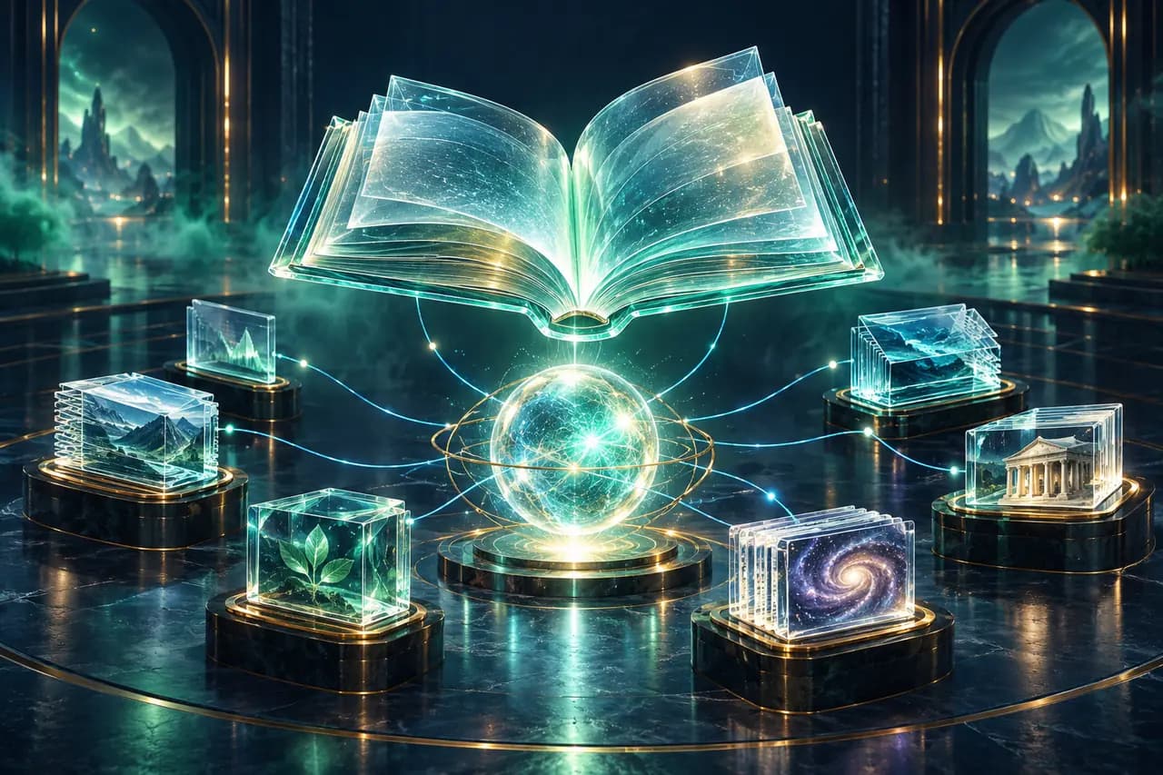透明研究笔记本与层叠资料棱镜悬浮在绿色知识环中，象征 Gemini Notebook 来源与额度