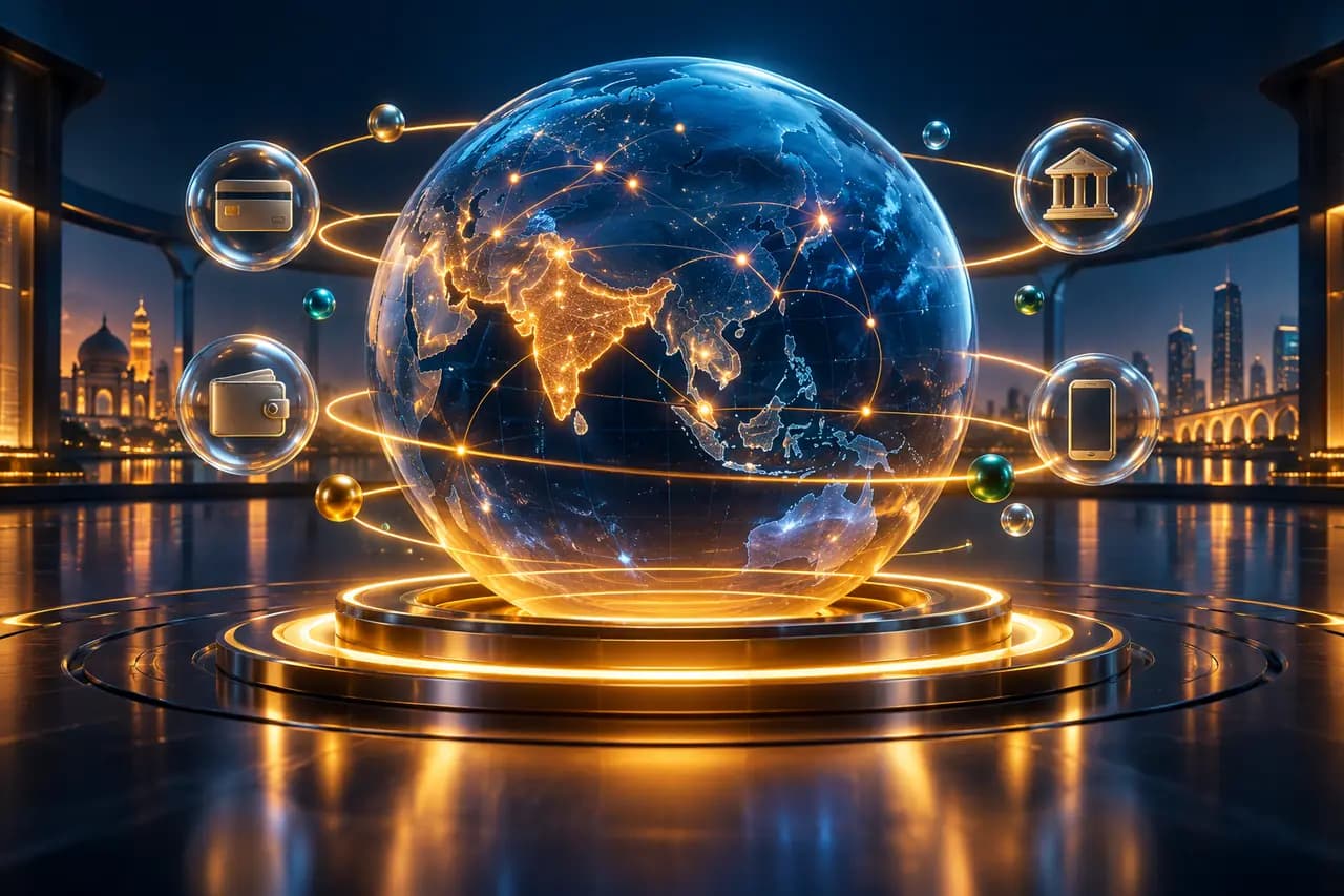 琥珀金色价格光环与深蓝玻璃地图节点相连，象征 Google AI Pro 印度价格与区域付款