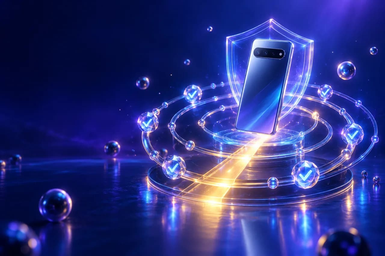 深蓝紫场景中玻璃 Pixel 手机位于同心资格环中央、环上发光检查节点与盾牌的插画