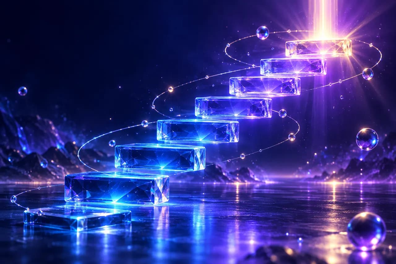 深蓝紫场景中透明玻璃晶体阶梯逐级向上发光、顶端射出紫金光束的插画,象征版本升级