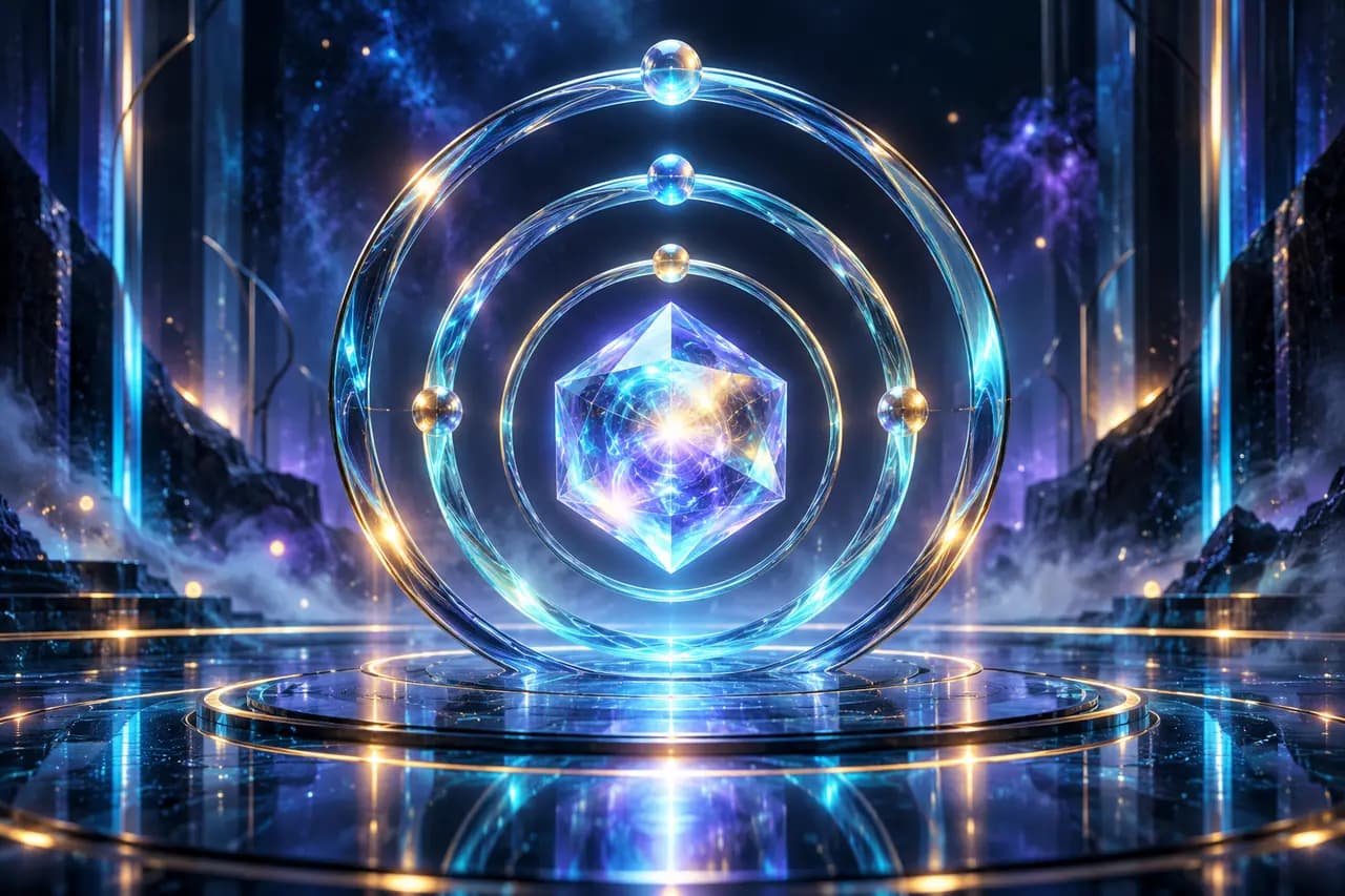 深蓝与青色场景中由多层玻璃环包围的发光核心,象征 Google AI Pro 的权限与功能层级