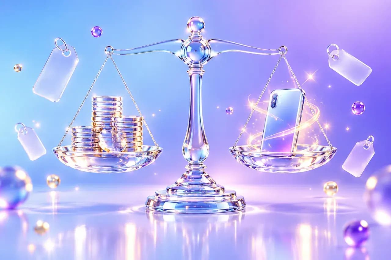 玻璃天平一端是金币、一端是发光手机,象征六种开通方式的成本对比