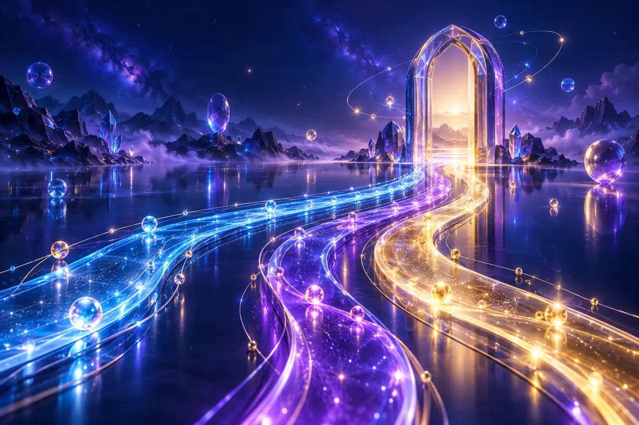 深蓝紫场景中三道光路汇入同一扇发光玻璃门的插画,象征三条购买路径