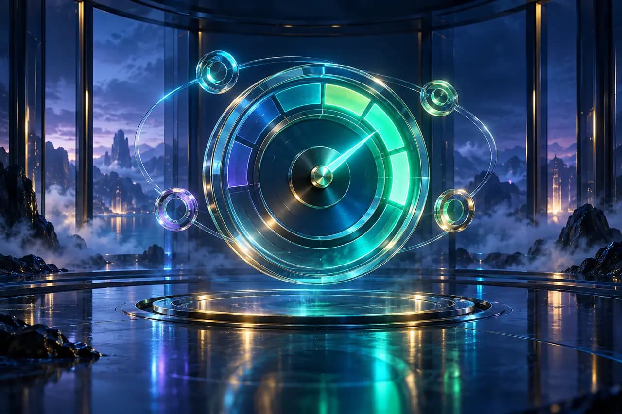 深色玻璃控制台中悬浮的青色能量仪表与重置环,象征 Google AI Pro 动态额度查询