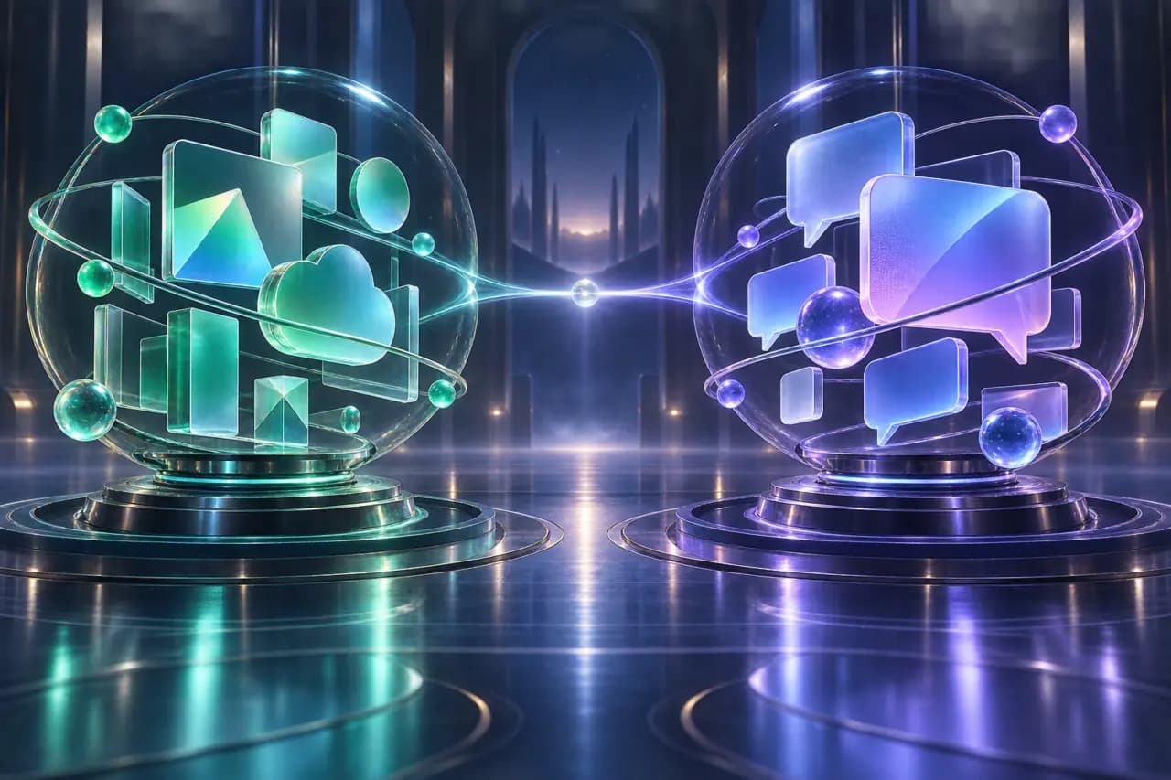 青绿色与紫色两座透明玻璃生态塔隔空相对,表现 Google AI Pro 与 ChatGPT Plus 的分段选择