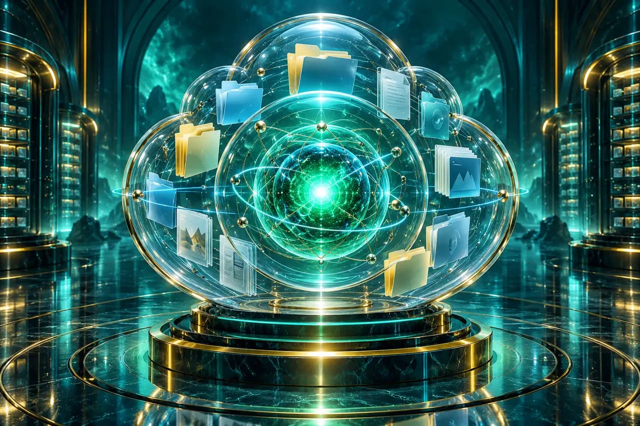 青色云存储晶体与绿色 AI 能量核心同轴悬浮,象征 Google One 与 Google AI Pro 的关系